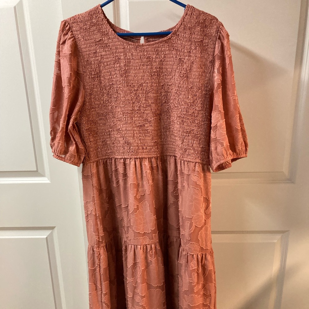 MEROKEETY Tearose Puff Sleeve Smocked Floral Dress Midi Dresses 2XL